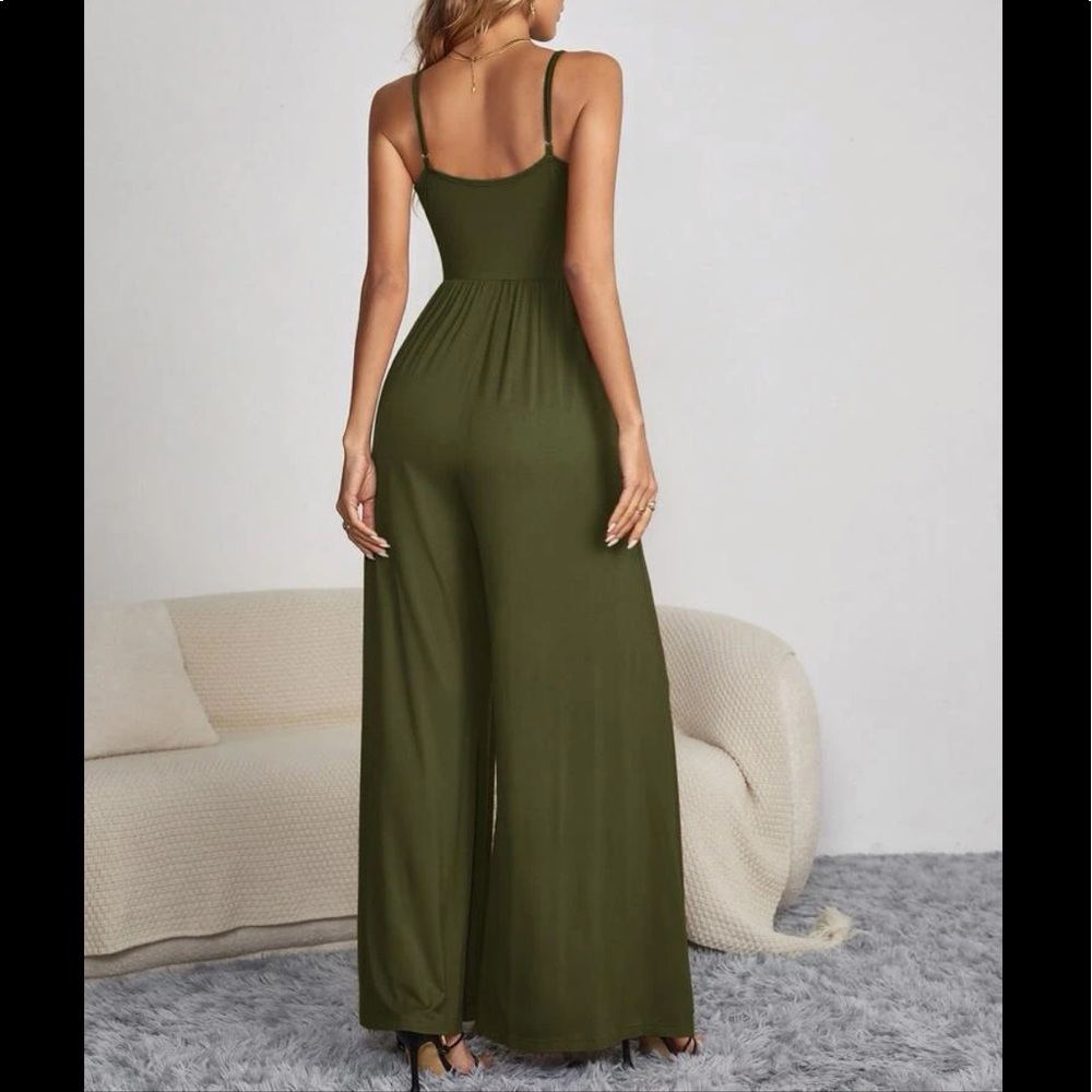 Boho button detail spaghetti straps Wide Leg jumpsuit GREEN - Picture 2 of 15